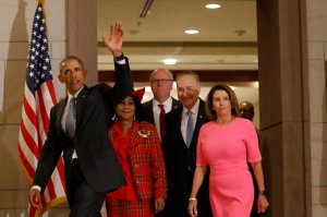 President Barack Obama, accompanied by Rep. Frederica Wilson (D-FL), Senate Minority Leader Chuck Schumer (D-NY) and House Minority Leader Nancy Pelosi (D-CA), arrives on Capitol Hill, January 4, 2017. Obama met with Democrats to discuss strategies to protect the Affordable Care Act. (Credit: Aaron P. Bernstein/Getty Images)