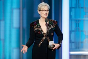 In this handout photo provided by NBCUniversal, Meryl Streep accepts the Cecil B. DeMille Award during the 74th Annual Golden Globe Awards on Jan. 8, 2017, in Beverly Hills. (Credit: Paul Drinkwater / NBCUniversal via Getty Images)