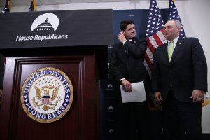U.S. House Rep. Paul Ryan (R-WI), left, and House Majority Whip Rep. Steve Scalise (R-LA) listen during a news briefing after the weekly GOP Conference meeting Jan. 10, 2017, at the Capitol in Washington, D.C. (Credit: Alex Wong/Getty Images)