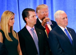 President-elect Donald Trump stands with Vice President-elect Mike Pence, Trump's son Donald Trump Jr. and his daughter Ivanka at a news conference at Trump Tower on Jan. 11, 2017, in New York City. (Credit: Spencer Platt/Getty Images)