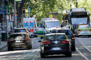 Police and emergency services vehicles block off Bourke street on Jan. 20, 2017 in Melbourne, Australia. (Credit: Darrian Traynor / Getty Images)