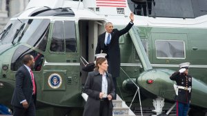Former President Barack Obama waves as he departs the inauguration in Washington, D.C., on Jan. 20, 2017. (Credit: Kevin Dietsch - Pool/Getty Images)