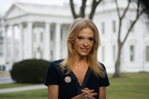 Kellyanne Conway, prepares to appear on the Sunday morning show Meet The Press, from the north lawn at the White House on Jan. 22, 2017. (Credit: Mark Wilson/Getty Images)