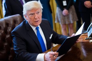 US President Donald Trump speaks after signing executive orders related to the oil pipeline industry in the Oval Office of the White House January 24, 2017 in Washington, DC. (Credit: Shawn Thew-Pool/Getty Images)