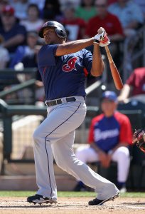 Andy Marte #25 of the Cleveland Indians hits a first inning grand slam against the Texas Rangers during the MLB spring training game at Surprise Stadium on March 19, 2010 in Surprise, Arizona. (Credit: Christian Petersen/Getty Images)