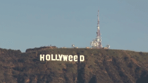The Hollywood sign was altered on New Year's Eve to read 'Hollyweed." (Credit: KTLA)