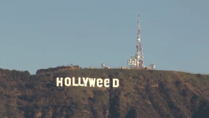 The Hollywood sign was altered on New Year's Day, Jan. 1, 2017,  to read 'Hollyweed." (Credit: KTLA)