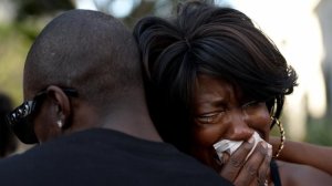 Tritobia Ford, the mother of Ezell Ford, a mentally ill man who was shot and killed by Los Angeles police in 2014, breaks down during a 2016 protest. (Credit: Callaghan O'Hare / Los Angeles Times)