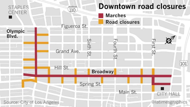 A number of roads will be closed for Friday's activity in downtown L.A. (Credit: Los Angeles Times)