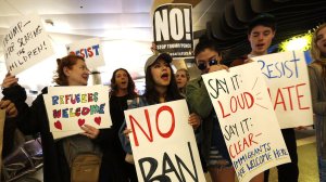 Protesters enter their second day at LAX on Jan. 29, 2017. (Credit: Genaro Molina/ Los Angeles Times)