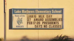 A sign for Lake Matthews Elementary School is seen on Jan. 17, 2017. (Credit: KTLA) 