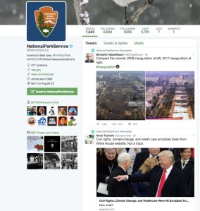 A screenshot of the National Park Service's Twitter account before the offending tweets were removed.