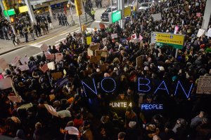 Protestors rally during a demonstration against the Muslim immigration ban at John F. Kennedy International Airport on Jan. 28, 2017 in New York City. (Credit Stephanie Keith/Getty Images)