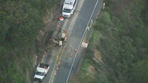 Storm damage, which prompted the closure of the Ortega Highway, is seen in this image from Sky5 on Jan. 26, 2017. 