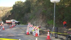 Repair work was taking place at storm-damaged Ortega Highway in Orange County on Jan. 26, 2017. (Credit: KTLA)