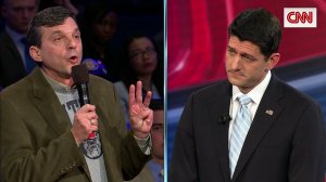 Cancer patient Jeff Jeans talks to House Speaker Paul Ryan during a town hall. (Credit: CNN)