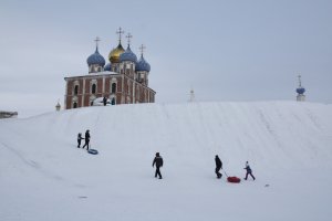 Children near the Ryazan Kremlin in Russia's town of Ryazan brave the cold to go sledding in Jan., 2017. Some Russian's in this town are petitioning to rename one of there street as Donald Trump Street.