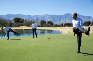 President Obama reacts as his putt falls just short during an impromptu hole of golf with staffers Joe Paulsen, left, and Marvin Nicholson after the U.S.-ASEAN Summit at the Annenberg Retreat at Sunnylands in Rancho Mirage, Calif., on Feb. 16, 2016. (Credit: Pete Souza/White House Photo)