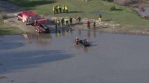 At least four people were rescued from the Sepulveda Basin during flooding on Jan. 20, 2017. (Credit: KTLA) 