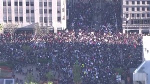 Thousands of people gathered at Pershing Square ahead of Women's March Los Angeles on Jan. 21, 2017. (Credit: KTLA) 