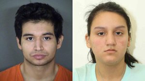 Isaac Andrew Cardenas, left, and Crystal Herrera are seen in booking photos released by the Bexar County Sheriff's Office.
