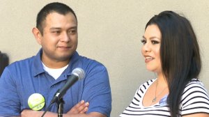 Jesus and Krystal Torres talk about the Donate Life float during an event in Orange in Nov. 2016. (Credit: KTLA)