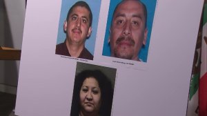 Ramiro Valerio, top left, Joseph Monge, and Johanna Lopez are shown on a poster displayed at an LAPD news conference Feb. 6, 2017. (Credit: KTLA)