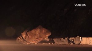 A boulder blocked a portion of Pacific Coast Highway near Point Mugu on Feb. 8, 2017. (Credit: VCNews)