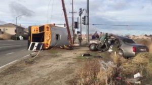 A school bus overturned following a crash in Lancaster on Feb. 7, 2017. (Credit: Ed Frommer)