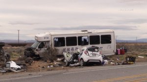 A bus crashed into two cars on Highway 58 on Feb. 27, 2017. (Credit: LoudLabs)