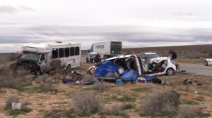 A bus crashed into two cars on Highway 58 on Feb. 27, 2017. (Credit: LoudLabs)