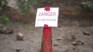 A sign marks a mudslide area in Camarillo Springs on Feb. 17, 2017. (Credit: KTLA)