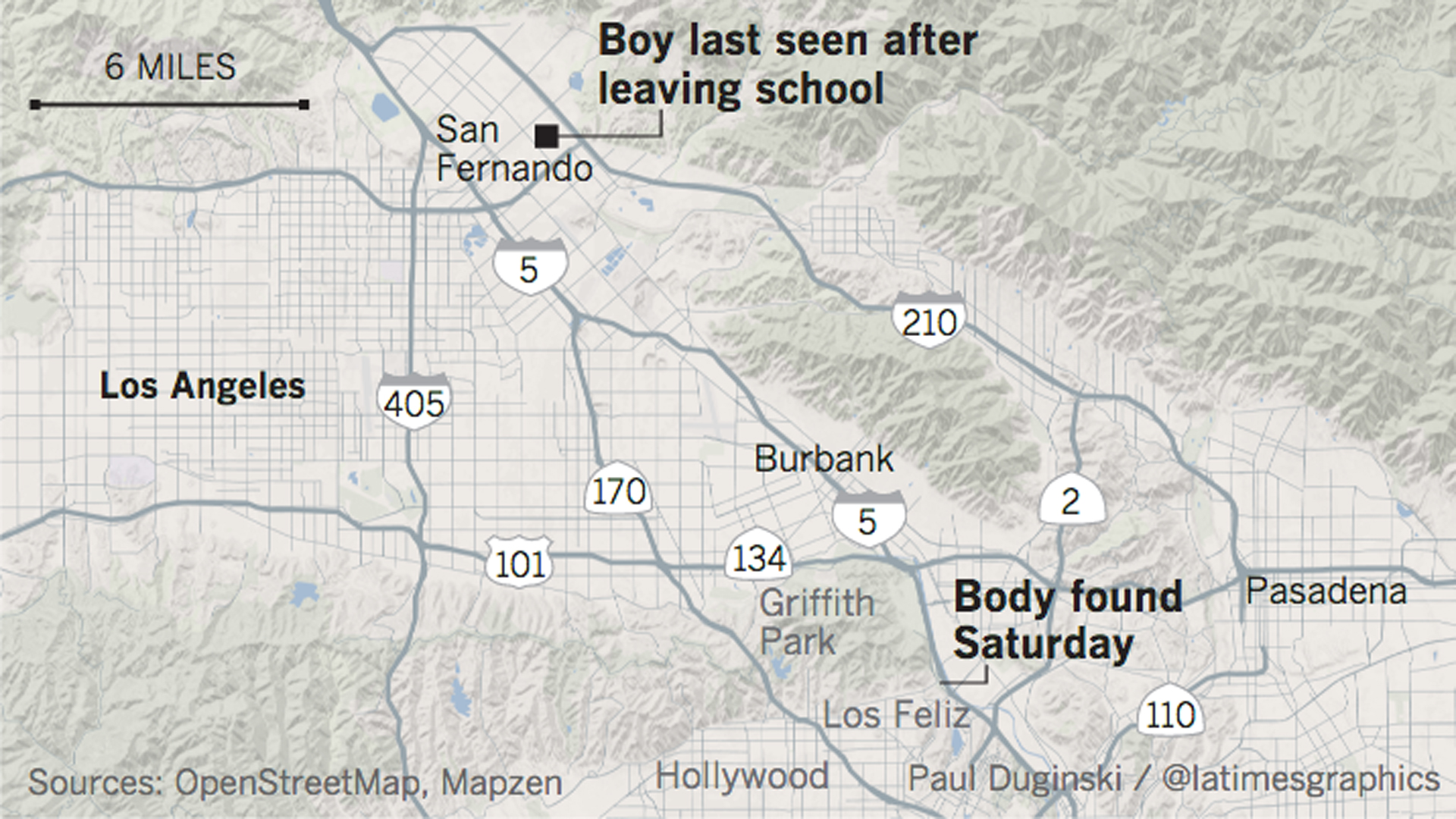 A map by the Los Angeles Times graphics desk shows where Elias Rodriguez was last spotted and where his body was found on Feb. 25, 2017. 