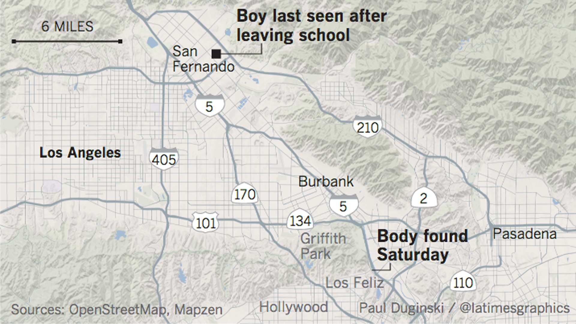 A map by the Los Angeles Times graphics desk shows where Elias Rodriguez was last spotted and where his body was found on Feb. 25, 2017.