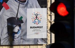 This picture taken on Jan. 17, 2017 in Budapest shows a poster of Hungarian Olympian Aron Szilagyi advertising Budapest's bid to host the 2024 Olympic Games. (Credit: Attila Kisbenedek / AFP / Getty Images)