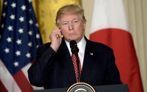 President Donald Trump holds a joint press conference with Japanese Prime Minister Shinzo Abe on February 10, 2017, at the White House in Washington, DC. (Credit: BRENDAN SMIALOWSKI/AFP/Getty Images)