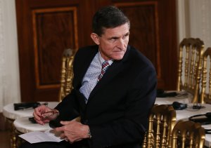 National Security Adviser Michael Flynn sits before U.S. President Donald Trump and Japanese Prime Minister Shinzo Abe hold a joint press conference at the White House on February 10, 2017 in Washington, DC. (Credit: Mario Tama/Getty Images)