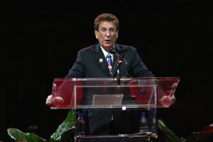 In this file photo, Detroit Red Wings owner Mike Ilitch spoke at the jersey retirement ceremony for Steve Yzerman before the Detroit Red Wings game on January 2, 2007 in Detroit.  (Credit: Dave Sandford/Getty Images)