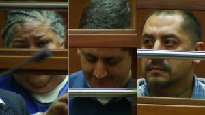 Johanna Lopez, Ramiro Valerio and Joseph Monge appeared at their arraignment in court in downtown L.A. on Feb. 7, 2017. (Credit: KTLA)