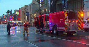 Authorities converge outside the Hollywood and Highland Metro station to investigate a suspicious package found on the tracks on Feb. 10, 2017. (Credit: KTLA) 