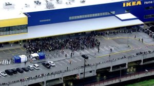 A crowd gathers for the grand opening of the new IKEA store in Burbank on Feb. 8, 2017. (Credit: KTLA)