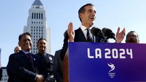 Mayor Eric Garcetti speaks at a news conference after the City Council gave its final approval to a proposal that could bring the 2024 Olympic Games to Southern California in 2024. (Credit: Mel Melcon / Los Angeles Times)