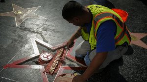 A new Donald Trump star on the Hollywood Walk of Fame is installed after it was vandalized. (Credit: Irfan Khan / Los Angeles Times)