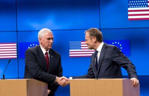 Vice-President Mike Pence (L) shakes hands with European Council head Donald Tusk (R) during a press conference at the European Commission in Brussels on Feb. 20, 2017. (Credit: Virginia Mayo /AFP/Getty Images)