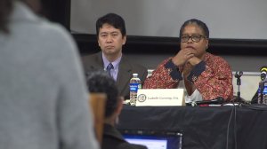 L.A. County human relations commissioners listen as South Los Angeles residents share their experiences with police in the community. (Credit: KTLA)