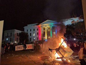 Protests turned violent at UC Berkeley, where right-wing speaker Milo Yiannopoulos was set to speak on Feb. 1, 2017. (Credit: Trevor Laity via CNN)