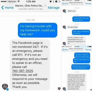 Officer Lt. B.J. Gruber in Marion, Ohio, went beyond the call of duty when an elementary school student reached out to the department via Facebook messenger for help with her math homework (Credit: Molly Draper / Facebook)