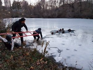 People extend a ladder to help teens out of ice water in Central Park on Feb. 20, 2017. (Credit: Lourdes Cuevas)c
