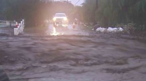 A street was flooded in the Santa Clarita area on Feb. 17, 2017. (Credit: KTLA) 