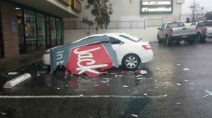 A Jack-in-the-Box sign in Sylmar was damaged amid a strong storm that hit the area on Feb. 17, 2017. (Credit: Daisy Mejia)